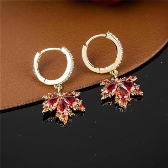 Crystal Maple Leaf Earrings | Sparkly Orange Red Dangle Drops - Picture 6 of 7